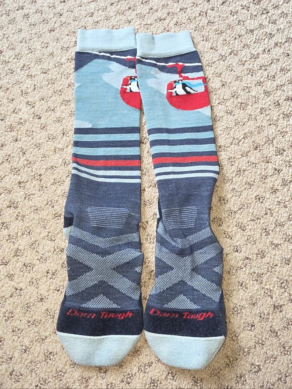 Darn Tough Over The Calf Kids' Light Blue & Navy Crew Socks with Red Accent